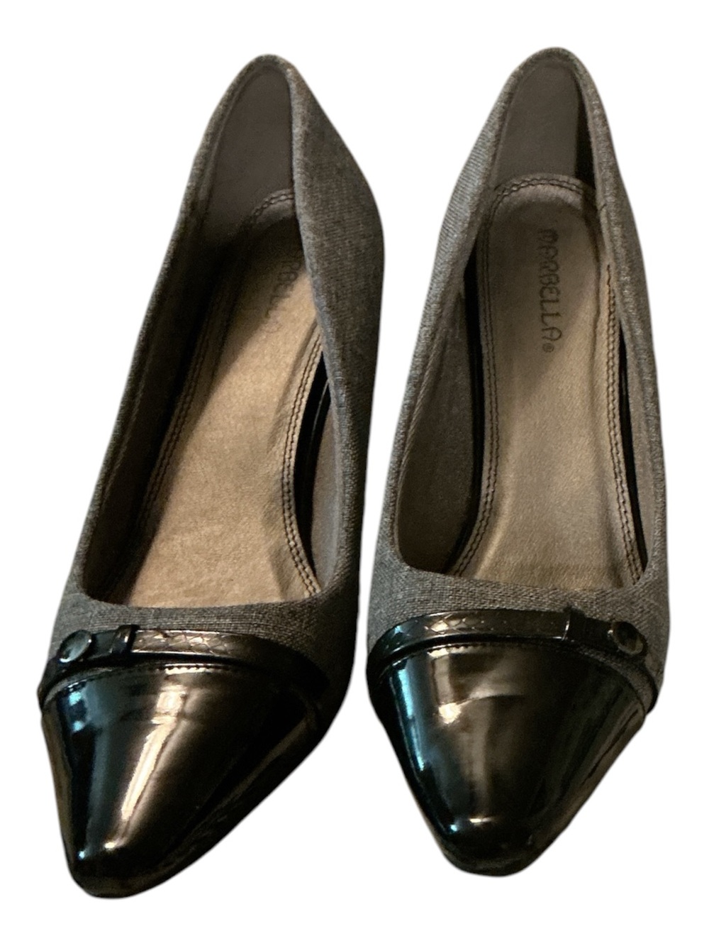 Gray Pointed Toe Flats with Patent Cap